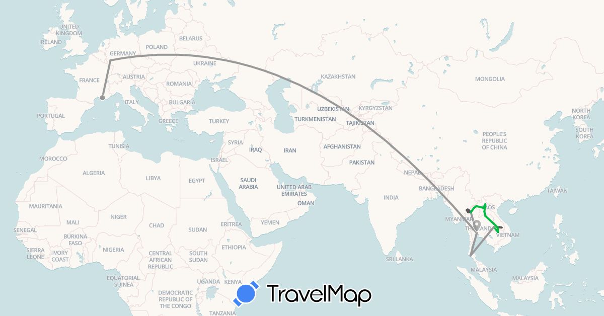 TravelMap itinerary: driving, bus, plane, cycling, boat, motorbike in Germany, France, Laos, Thailand (Asia, Europe)